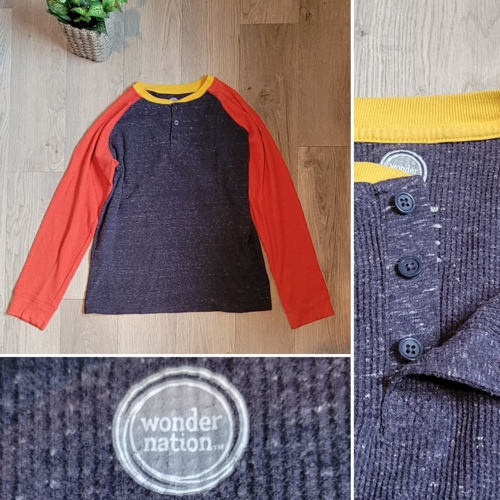 Wonder Nation Henley Colorblock Orange, Yellow, Blue Long Sleeve Top, Boy's XXL